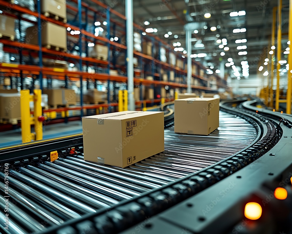 Automated conveyor belt system in a modern distribution warehouse ...