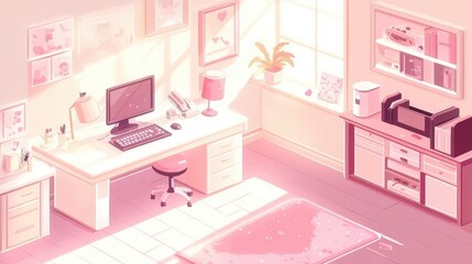 Poster - A pastel-colored, digitally-rendered, cozy home office.