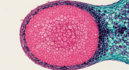 Poster - Microscopic Cross Section of Plant Stem Tissues Showing Xylem and Phloem Cells in Pink and Blue Colors