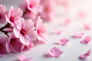 Poster - delicate pink sakura blossoms, scattered petals on soft background , pretty, surface