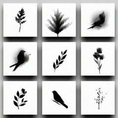 Aufkleber - Black and White Botanical and Bird Illustrations, Featuring Nature's Elegance in Square Layout on Subtle Textured Paper