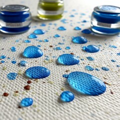 Fototapete - Close-Up of Blue Drops on Textured Surface with Jars of Colored Liquids, Abstract Composition