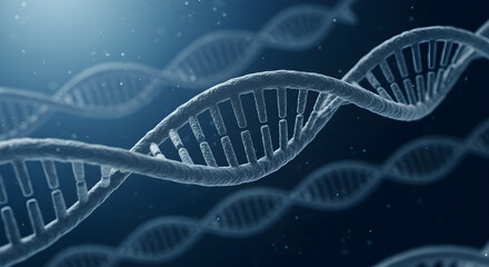 Poster - Detailed Blue Tinted Double Helix DNA Structure on Dark Blue Background with Spotlight Effects and Biological Theme
