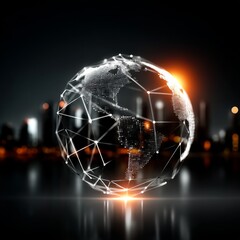 Fototapete - Global Connectivity: A Digital Earth Model Overlooking a Cityscape at Night with a Glowing Horizon.