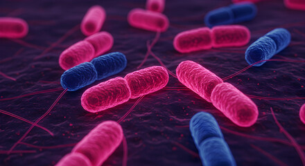 Poster - Close Up of Microscopic Bacteria Cells with Blue and Pink Coloring on Dark Surface