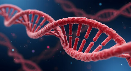 Poster - Close Up of Abstract Red Double Helix DNA Structures with Deep Blue Background Scientific Visualization