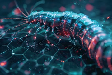 Fototapete - Cybernetic Centipede, A Digital Bug Crawls the Network