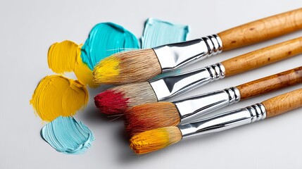 Poster - Set of paintbrushes with a variety of colors and a blue and yellow paint splatter