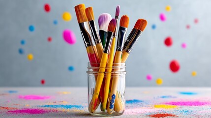 Poster - Jar full of paintbrushes with a colorful background. The jar is filled with a variety of brushes, including some with different sizes and shapes. The colorful background suggests a creative