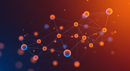 Poster - Abstract Network Connecting Spheres with Orange to Blue Gradient Background
