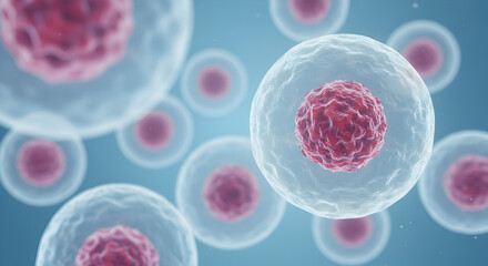 Poster - Abstract Microscopic Cells with Pink Nucleus and Translucent Membranes on Light Blue Gradient Background