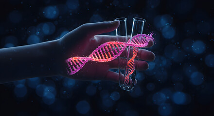 Poster - Abstract Hand Holding Pink and Red Dna Molecule Structure Over Blue Bokeh Background
