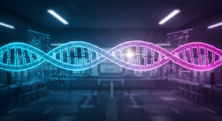 Poster - Abstract Double Helix Dna Structure With Blue and Purple Glow and Blurry Background in a Laboratory Environment