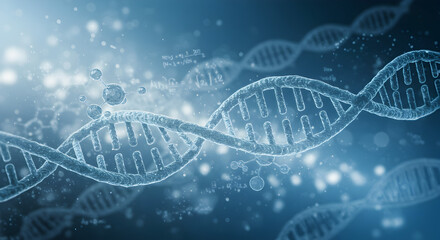 Poster - Abstract Double Helix Dna Molecule Structure on Blue Gradient Background with Light and Particles