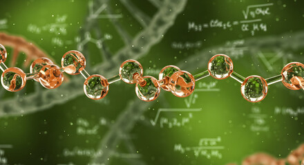 Poster - Abstract 3D Molecular Chain with Mathematical Equations on Green Background Visualization