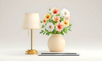 Poster - Stylish Desk Arrangement with Flowers and Lamp for Modern Office