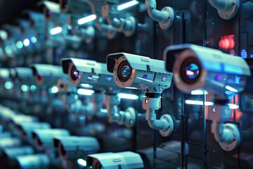 Poster - security cameras arranged in a grid pattern, showcasing advanced surveillance technology