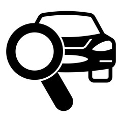 Poster - Car with magnifier solid icon, car service concept. Vector graphics. Automobile and magnifying glass, inspecting sign on white background, glyph style mobile or design.