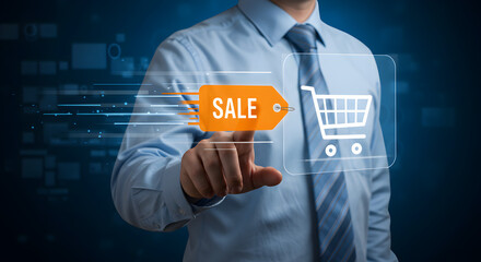 Poster - Man Touching Virtual Sale Tag and Shopping Cart Icon on Blue Digital Background