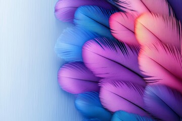 Poster - Colorful feathery pattern with blue, purple, and pink feathers. The feathers are arranged in a way that creates a sense of movement and flow. The image conveys a feeling of freedom and lightness