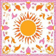 Poster - Sunshine design: A vibrant illustration radiates warmth with the radiant sun at its heart, embraced by a playful array of elements within a captivating square design.