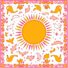 Poster - Sunny pattern: A cheerful and playful square pattern with an illustrated sun at the center. The design, full of energy and joy, features a charming array of quirky animals, flowers, and stars.