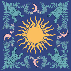 Fototapete - Celestial Symmetry: An artistic rendering showcases a balanced composition of a bright sun, and stylized animals set against a backdrop of nature elements. 