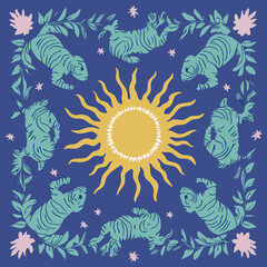 Poster - Sun and Lizards Pattern: A vibrant textile design featuring stylized lizards encircling a radiant sun, set against a deep blue background. The pattern is reminiscent of folk art or vintage textiles.