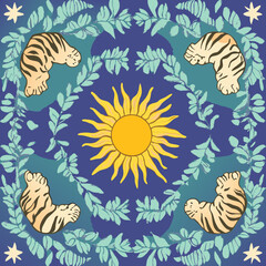 Poster - Celestial Harmony: An illustrative vision of a majestic sun at the core, encircled by stylized tiger, leaves and stars, all elements harmonize in a visually captivating mandala composition.
