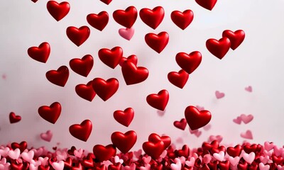 Wall Mural - love valentine's background with pink falling hearts over white. valentine's day background with red
