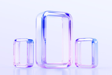 Leinwandbilder - 3d glass holographic transparent rectangle and square frames on abstract geometric background. Crystal outline figures with rainbow color effect, neon light blue pink gradient render. 3D illustration