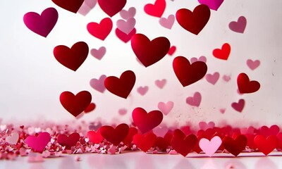 Wall Mural - love valentine's background with pink falling hearts over white. valentine's day background with red