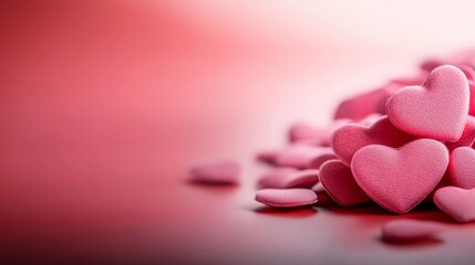 Poster - Red background with a bunch of pink hearts on it. The hearts are arranged in a way that they look like they are falling or floating. Scene is romantic and playful