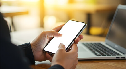 Poster - Person Using Mobile Phone with Blank Screen Near Laptop Computer on Wooden Table Indoors in Bright Warm Light