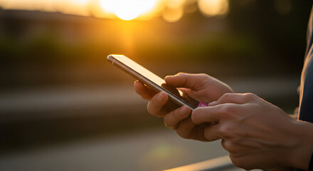 Poster - Person Using Gold Smartphone with Mobile Technology at Sunset in Urban Setting
