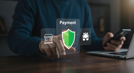 Poster - Man Using Mobile for Payment with Security Shield Hologram on Wooden Desk