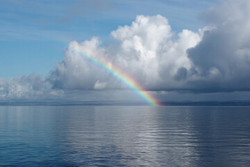 Poster - vibrant rainbow arcs through fluffy clouds over calm sea, reflecting beautifully on water surface. serene scene captures peacefulness of nature