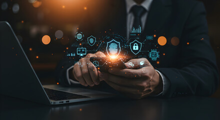 Poster - Man in Dark Suit Interacting with Digital Interface on Smartphone with Dark Office Setup