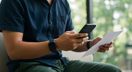Poster - Man in Blue Shirt Holding Phone and Paper Indoors with Natural Light from Window