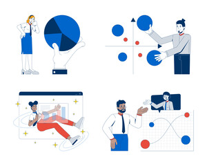 Poster - Diverse people with data visualization 2D illustration concepts set. Bubble chart, piechart, analysts graphs discussing cartoon characters isolated on white. Flat abstract vector metaphor collection