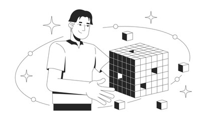 Fototapete - OLAP data cube analysis line illustration concept. Digital analytical processing. Business intelligence. Analyst with modular database outline 2D character isolated. Ink linear metaphor vector art