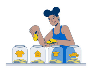 Poster - Smart budget allocation for saving goals 2D illustration concept. Black woman diving income for clothes, house, education, car jars cartoon character isolated on white. Flat abstract vector metaphor