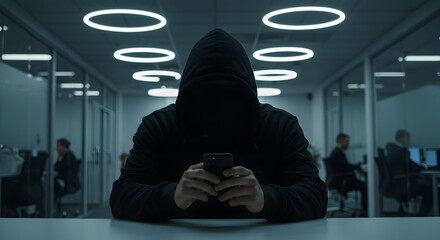 Poster - Anonymous Hacker in Dark Hoodie Using Mobile Phone in Dimly Lit Office with Coworkers