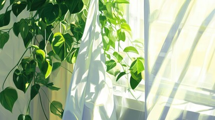 Wall Mural - sunlight streams through sheer curtains, illuminating trailing houseplants.