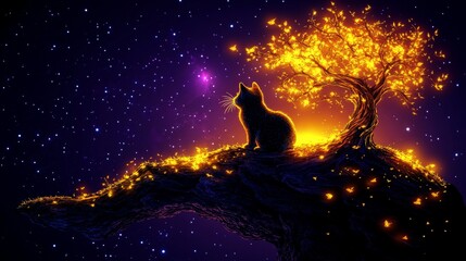 Naklejka na meble Enchanted feline contemplation cosmic vista luminous foliage celestial backdrop dreamlike scene captivating gaze serene animal presence mysterious night sky glowing allure