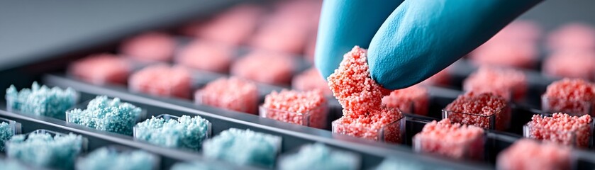 Poster - Biopharmaceuticals discovery process, close-up on new drug compounds and molecular analysis, lab scene