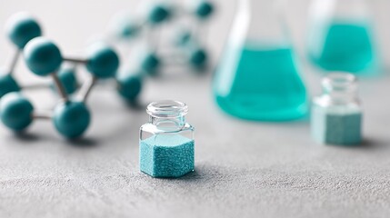 Poster - exploratory research in pharmaceutical biotechnology, close-up on molecule model and samples, copy s