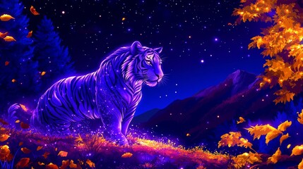 Wall Mural - Cosmic tiger sentinel of the astral forest digital illustration with nebula sky and celestial glow evoking fantasy adventure and magical realism for visionary artwork
