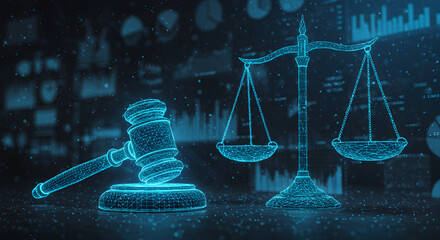 Poster - Digital Scales of Justice and Gavel Glowing Blue with Data Visualization Background