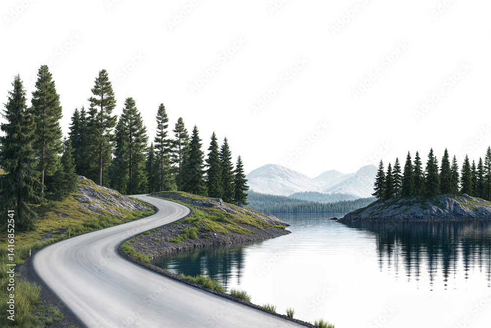 Curved road along a peaceful lake surrounded by lush pine trees and ...